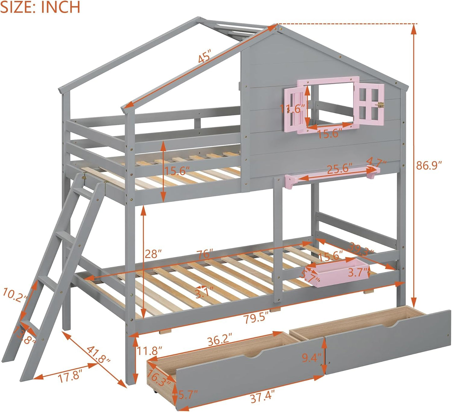 Ball & Cast Twin Over Twin Size Bunk Bed with 2 Drawers and 1 Storage Box,Playhouse Wood Bunkbed w/Window & 1 Shelf,Slat Support,Space Saving,Bedroom Furniture for Student Dorms,Gray