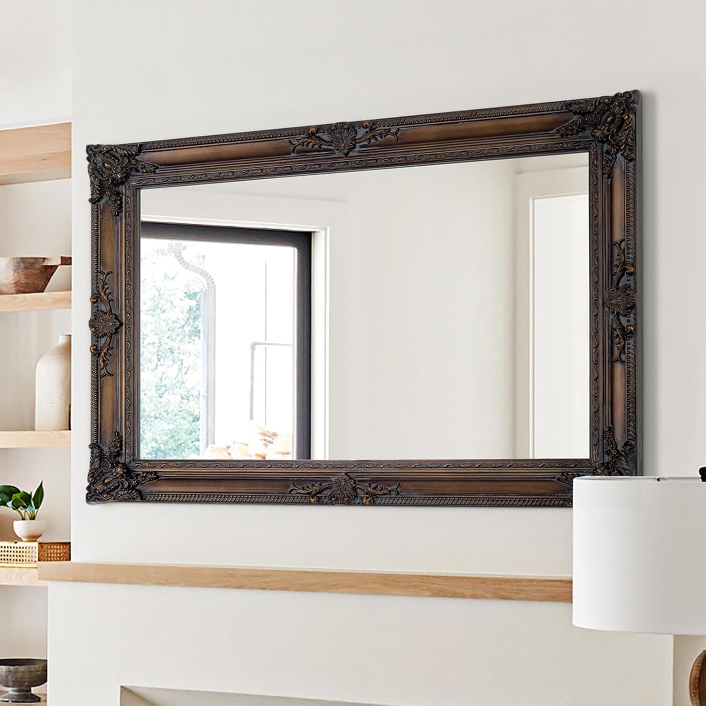 Antique Decorative Mirror, 37.4''x25.6''Vintage Mirror with Ornate Bronze Wood Frame, Decorative Wall Mirrors for Entryway, Living Room, Bathroom