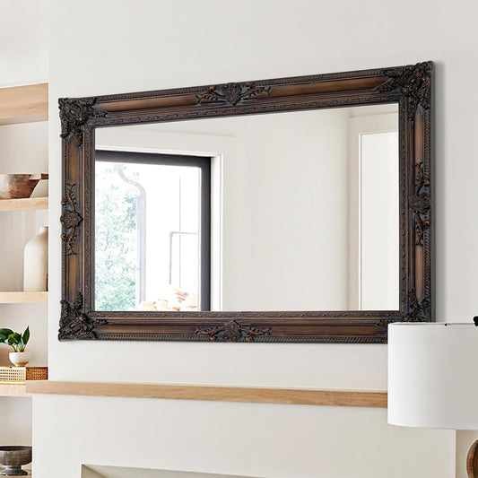 Antique Decorative Mirror, 37.4''x25.6''Vintage Mirror with Ornate Bronze Wood Frame, Decorative Wall Mirrors for Entryway, Living Room, Bathroom
