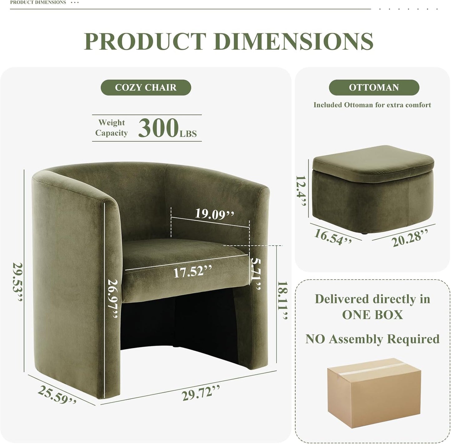 COLAMY Morden Velvet Living Room Side Chair with Storage Ottoman Set of 2, Single Sofa Armchair with Lounge Seat, Upholstered Barrel Accent Chair for Bedroom/Office/Reading Spaces, Green