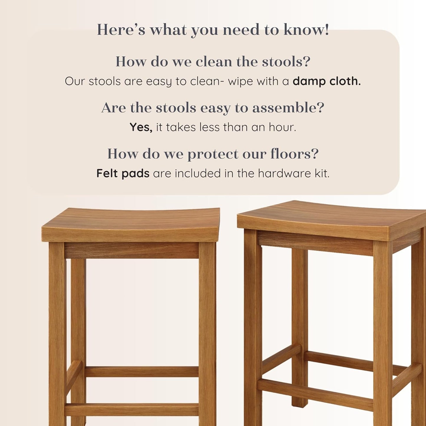 Grain & Grove Smith Collection Set of 2 Solid Wood Counter Height Bar Stools, 24-Inch Saddle Seat Backless Stools, Ideal for Kitchen Island, Dining, or Home Bar Seating, Pecan