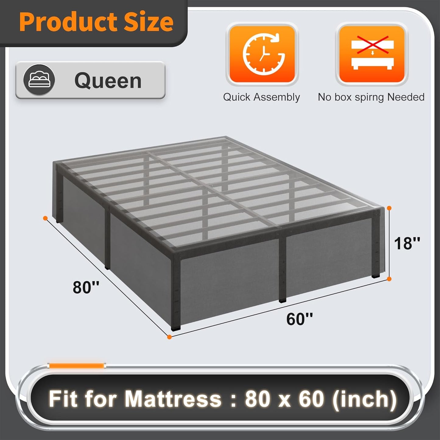 18 Inch Queen Bed Frame with Black Bed Cover, Metal Bed Frames Queen Size No Box Spring Needed, Heavy Duty Mattress Foundation, Easy Assembly, Noise Free