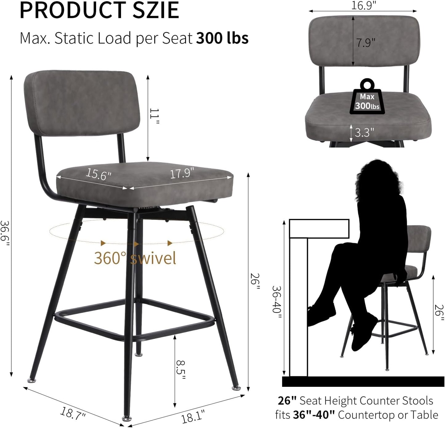 Swivel Counter Height Bar Stools Set of 2, Faux Leather Bar Stools with Back, Metal Legs and Footrest, 26" Seat Height Barstools for Kitchen Islands and Home Bars, Easy Assembly, Grey&Black