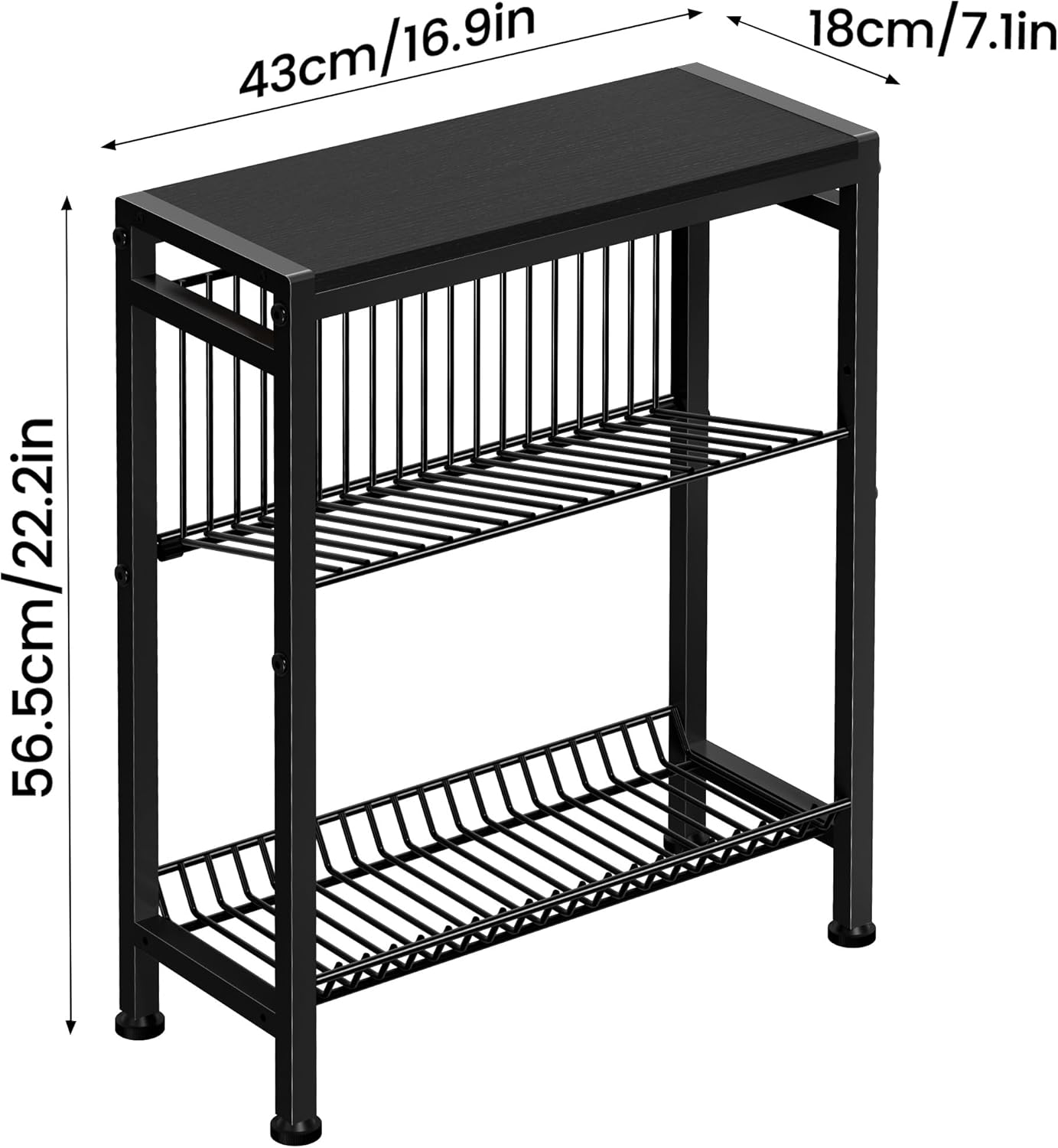 Narrow Side Table for Small Space, 3-Tier End Table with Magazine Holder, Slim Nightstand with Wire Shelf, Skinny Bedside Table in Living Room, Bedroom, Study, Kitchen and Balcony (Black)