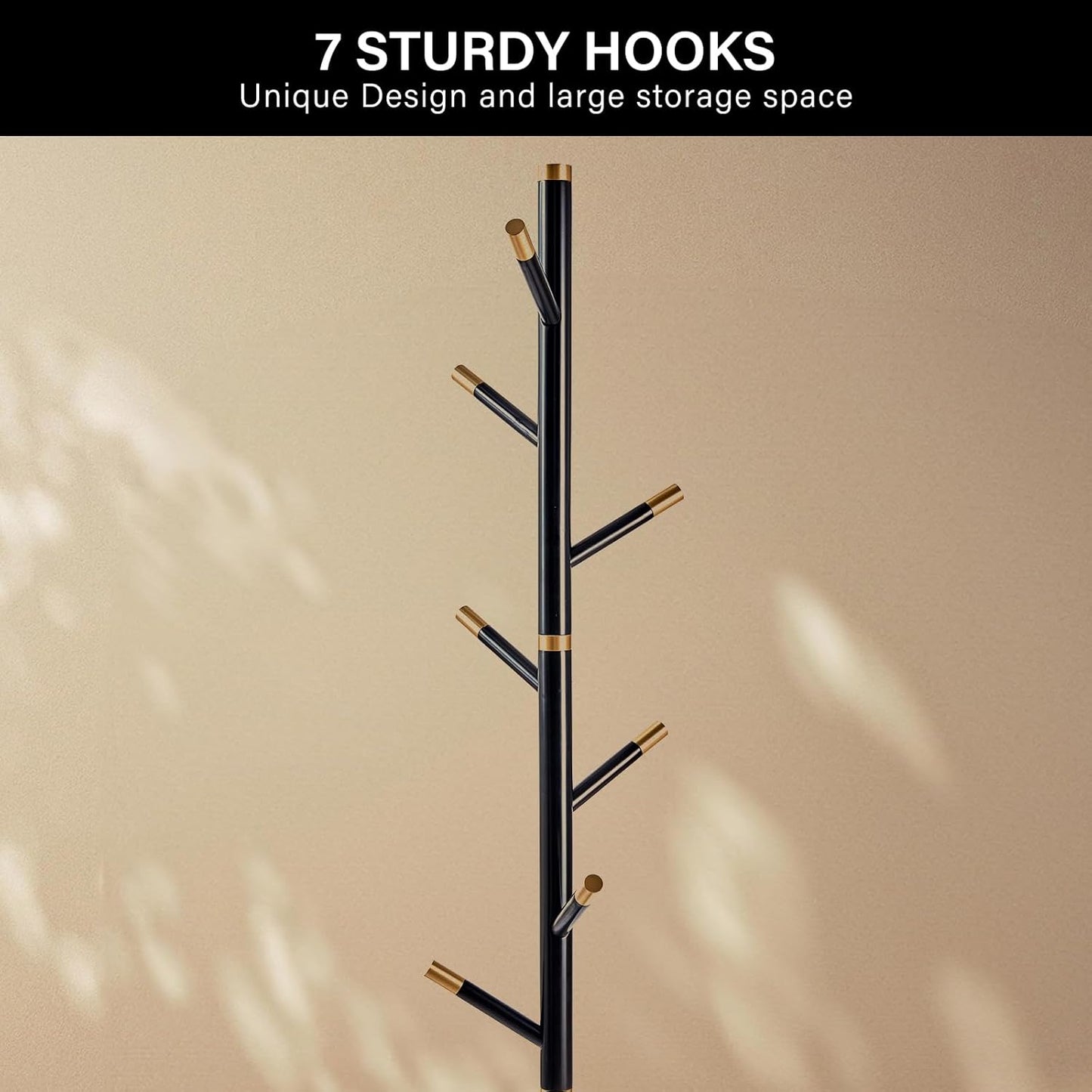 CozyDH Black Coat Rack Freestanding Solid Wood Coat Rack Stand, Coat Tree Freestanding with 7 Hooks Creative Tree Branch-look for Entryway, Hallway, Bedroom