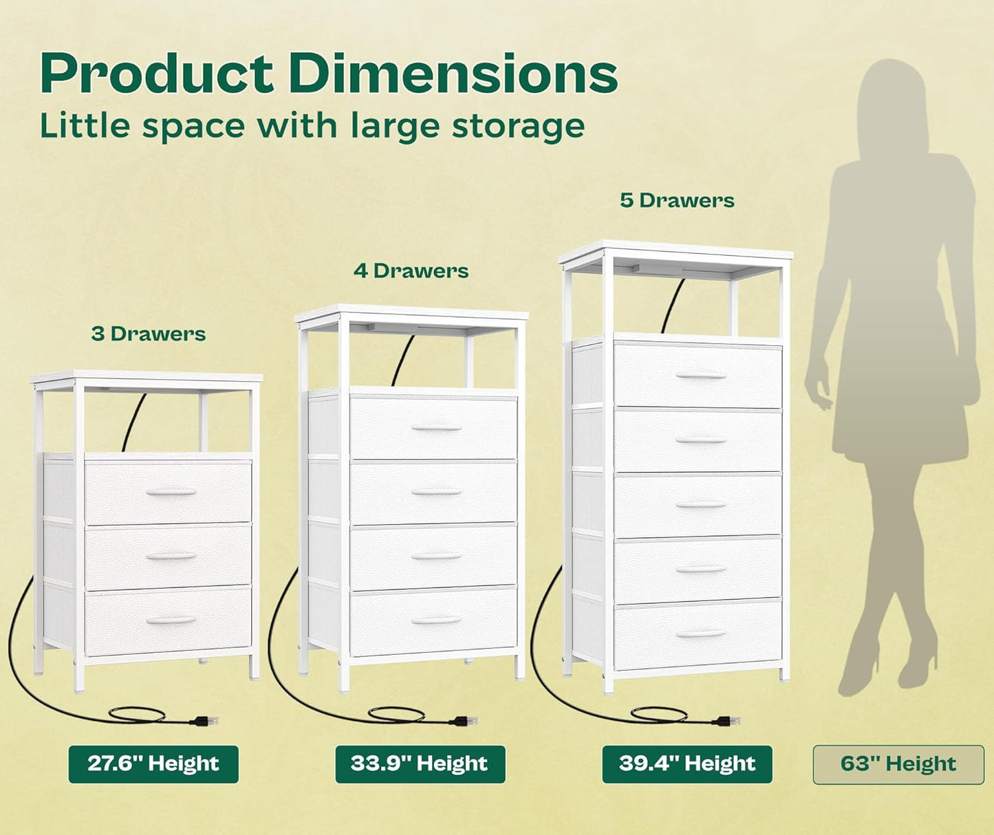 Huuger White Dresser with 5 Drawers & Charging Station, Tall Dresser for Bedroom, Tall Night Stand with PU Leather Finish, Open Shelf, Nightstand for Bedroom, Closet, Hallway, Entryway