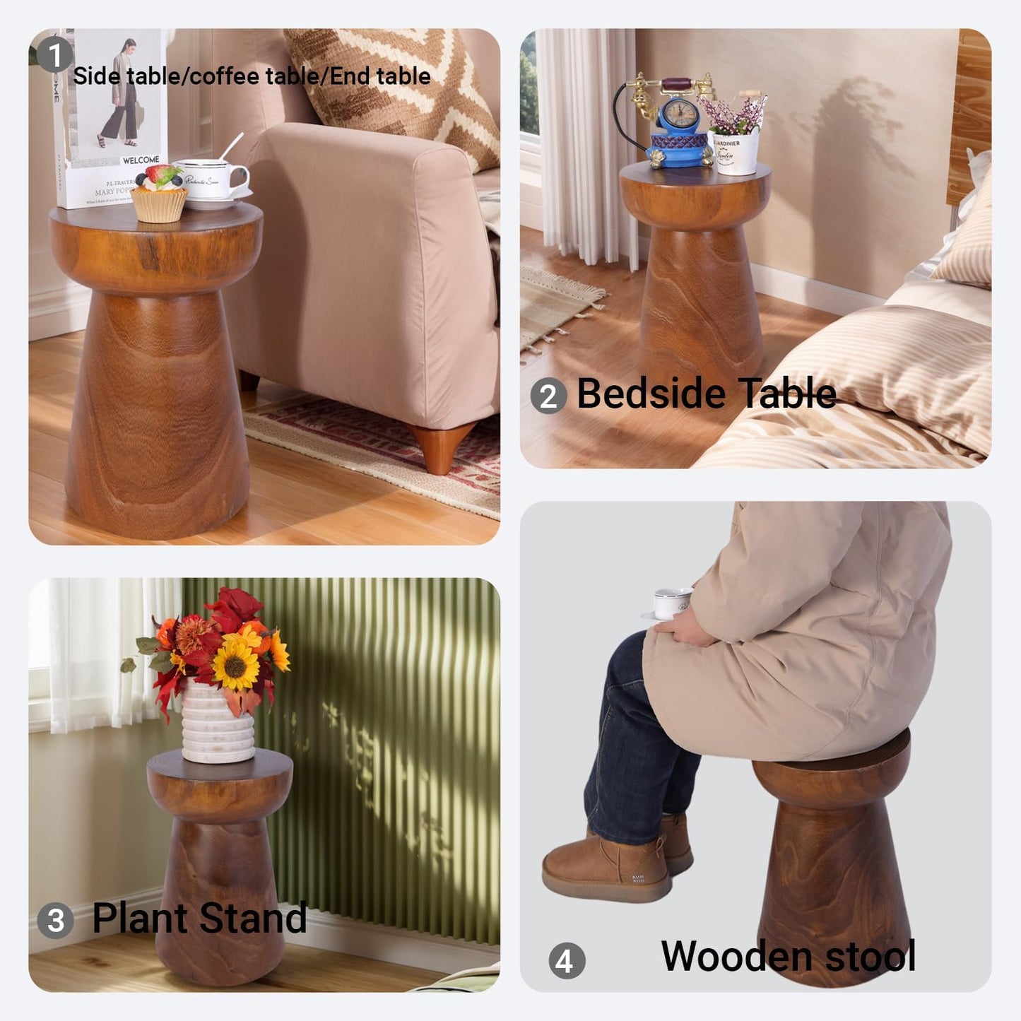 Athaliah Small Rustic Wooden Side Table – 15.75″H Tree Stump Accent Table, Handcrafted Solid Paulownia Wood, Natural Grain Farmhouse Decor for Living Room & Bedroom