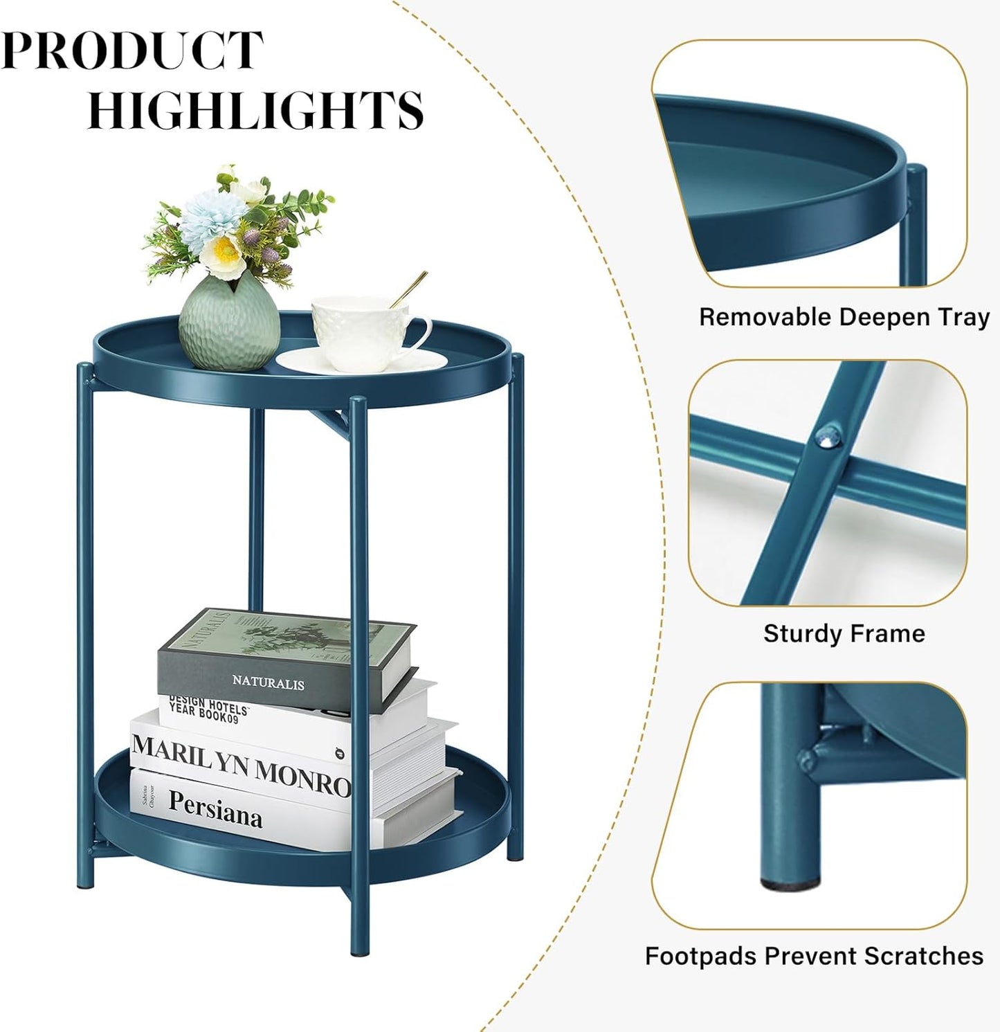 danpinera 2-Tier End Table, Outdoor Side Table Metal Round Side Table with Removable Tray, Small Accent Table, Anti-Rust Nightstand for Bedroom Balcony Patio Living Room (Navy Blue)