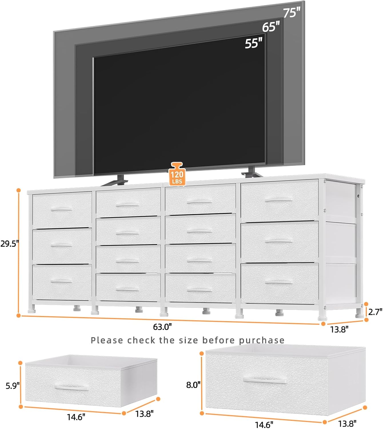63 Inch TV Stand Dresser for Bedroom, Long White Dresser with 14 Fabric Drawers for 65 70 75 Inch TV, Entertainment Center with Storage Media TV Console Table