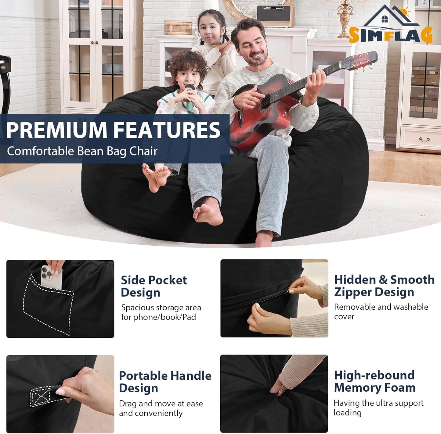 4FT Bean Bag Chair, Large Bean Bag Chairs with Memory Foam Filled, Fluffy Beanbag Sofa with Dutch Velvet Cover, Round BeanBag Chairs for Living Room, Playroom - Black