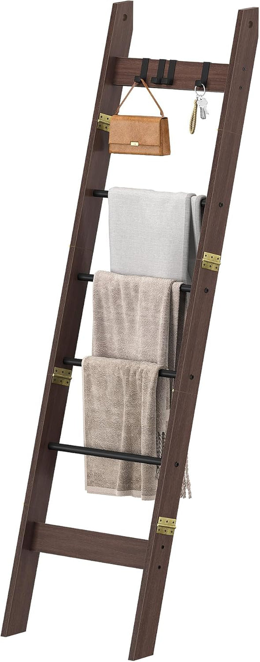 Blanket Ladder for Living Room, Decorative Quilt Rack with 4 Removable Hooks, 6-Tier Farmhouse Ladder Holder Shelf Organizer for Bedroom, Black Tea Brown and Black BR31520B