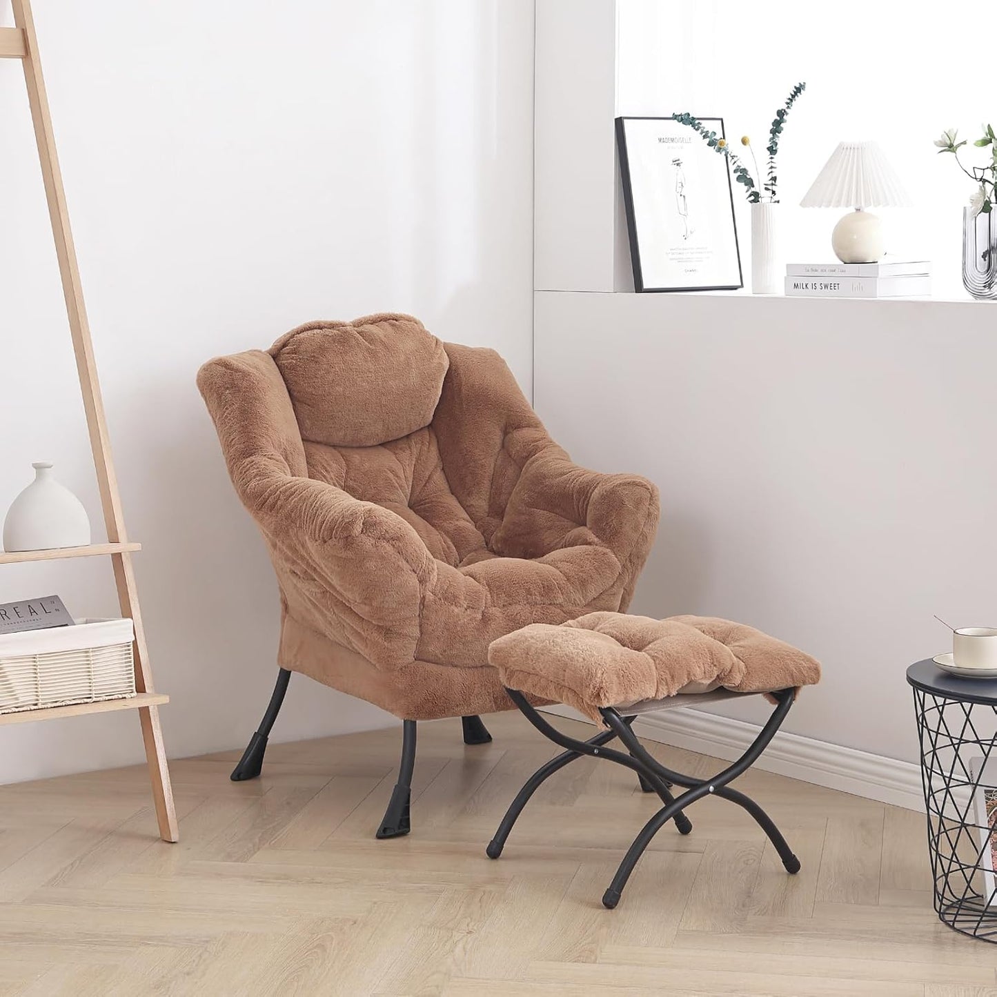 Cozy Lazy Chair and Ottoman, Large Contemporary Accent Lounge Chair Set, Leisure Upholstered Reading Armchair for Bedroom, Living Room, Dorm Rooms, Office