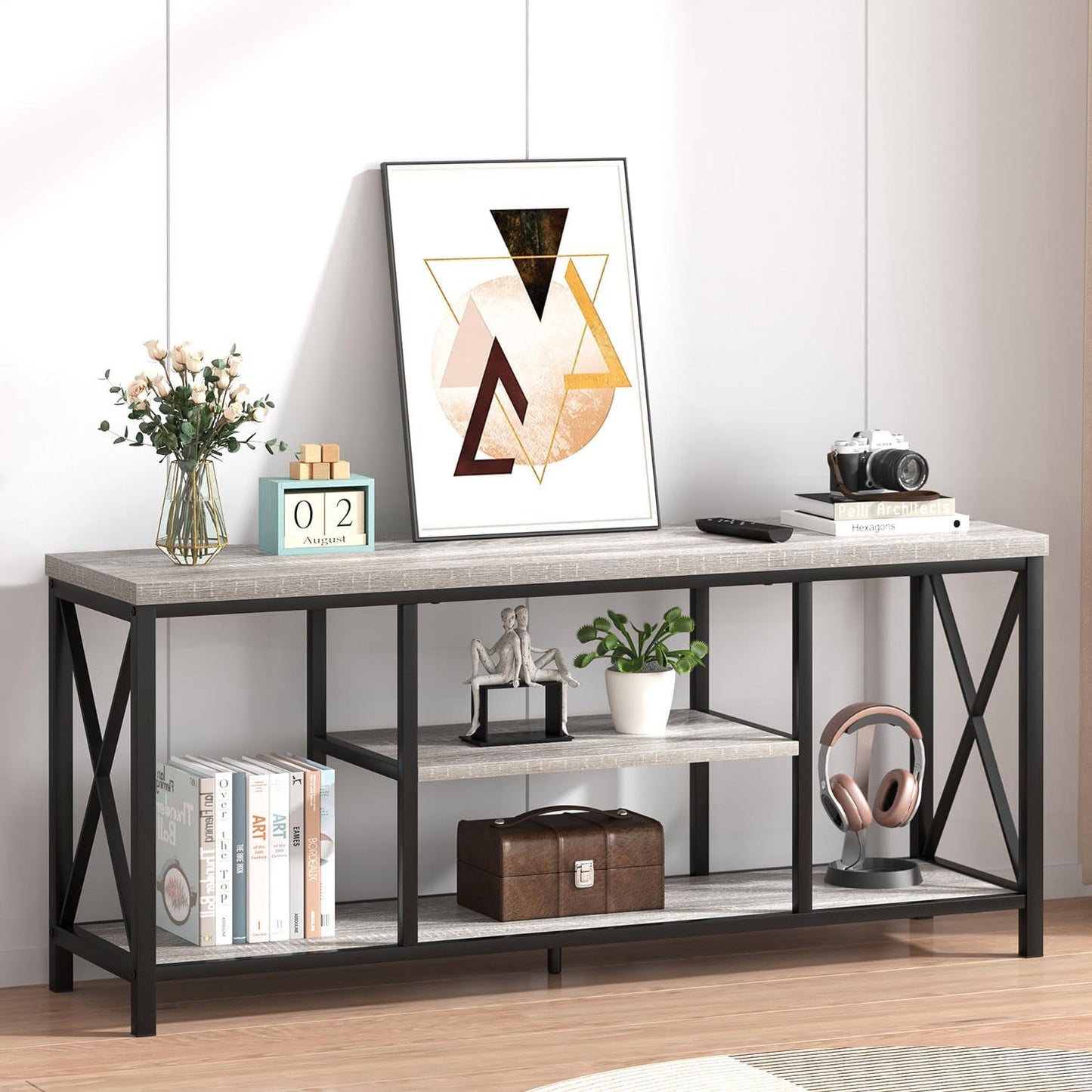 FOLUBAN Modern TV Stand for TV up to 65 Inch, Rustic Wood Entertainment Center with Storage Shelves, Industrial Media TV Console for Living Room, Farmhouse TV Table for Bedroom, 55 Inch Light Grey