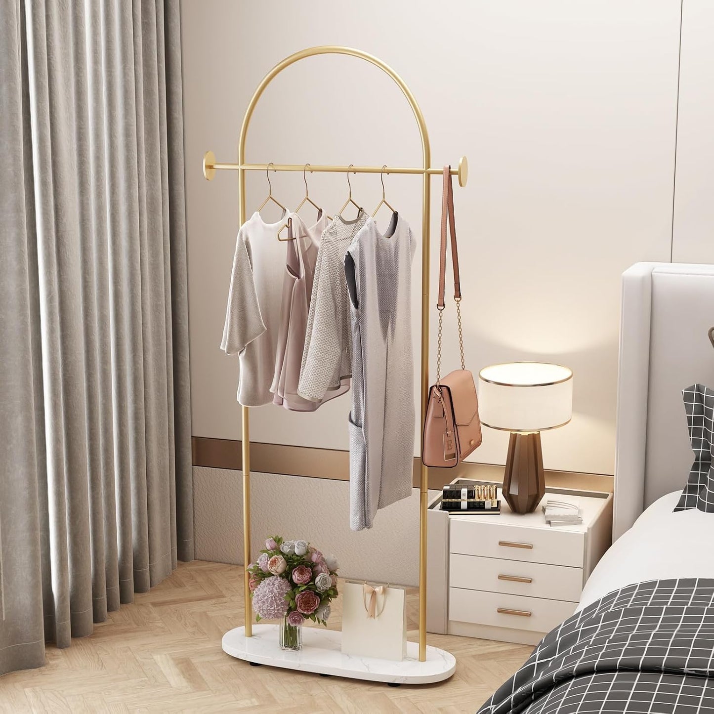 Gold Clothing Rack, Modern Clothes Rack with Shelf, Heavy Duty Freestanding Coat Rack, Metal Coat Hanger Stand with Hooks for Boutique Office