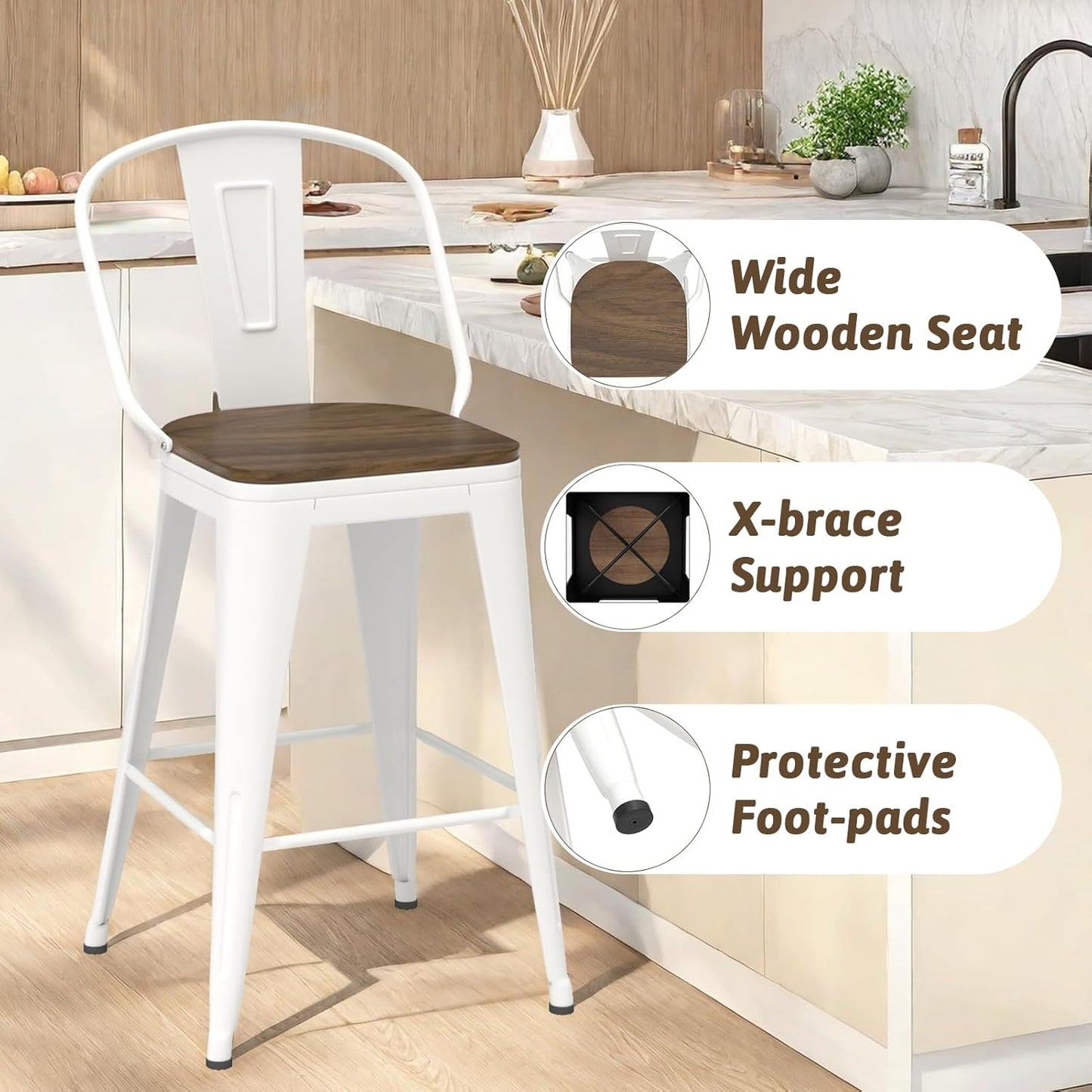 26” Swivel Bar Stools Set of 4, Counter Height Bar Stools Wooden Seat, Metal Industrial Bar Chairs with High Back for Kitchen Island (White)