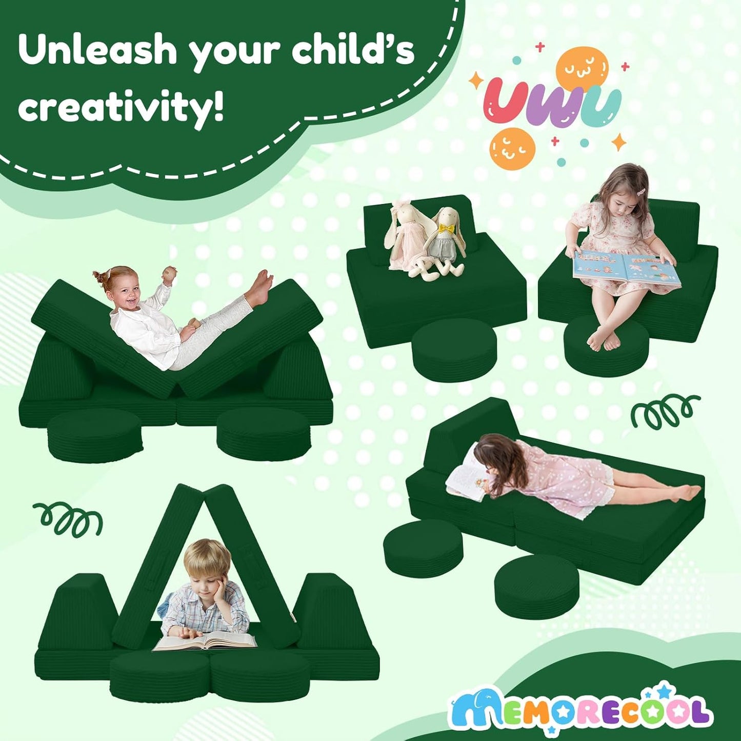 MeMoreCool Kids Couch for Playroom, Corduroy Convertible Toddler Couch, 8 Piece Modular Play Sofa, Foam Fort Building Set for Child Room Furniture, Green