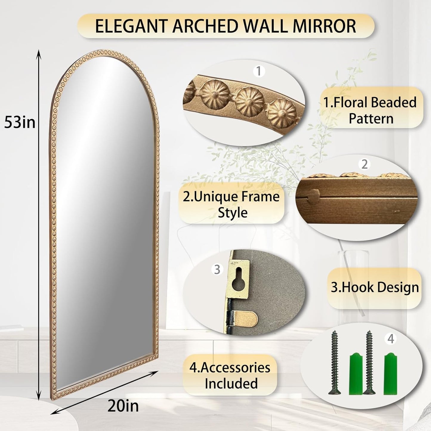 Large Arched Mirror, 20"x53" Gold Arch Floor Mirrors for Dressing, Metal Beaded Frame Decorative Accent Mirror, Ornate Vintage Mirrors for Living Room Bedroom Bathroom Entryway