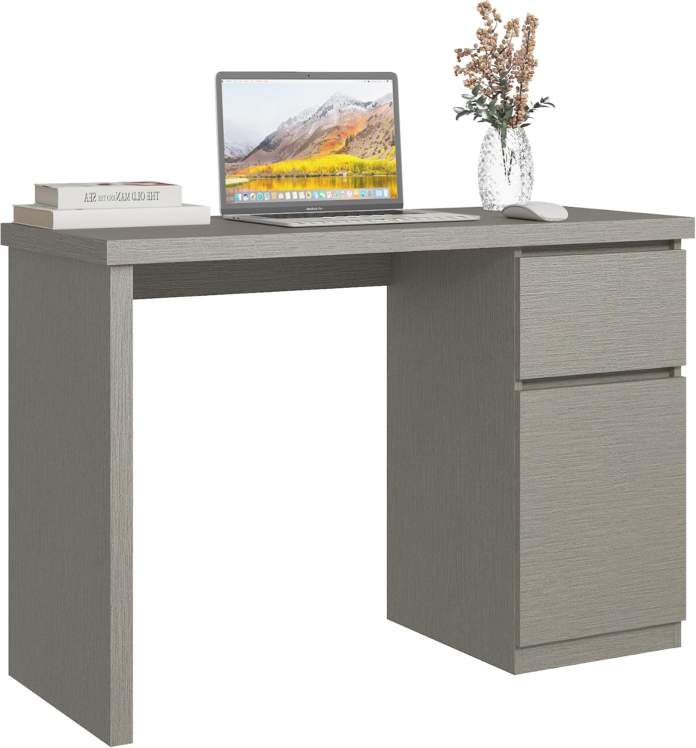 furtble Grey Maple Desk with Drawers, 43'' W Home Office Computer Gaming Table, Modern Vanity Desk with Storage, Wood Writing Workstation for Bedroom, Living Room