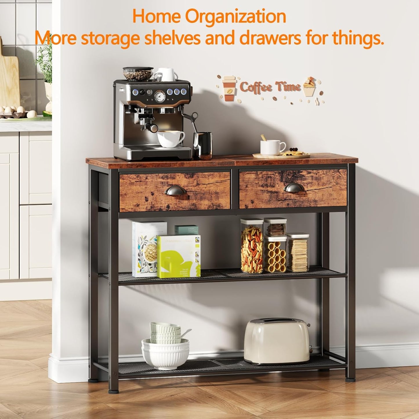 Furologee Console Sofa Table with Storage Shelf for Entry Way, Small 30'' Entryway Table with 2 Fabric Drawers, Industrial Display Shelves for Hallway, Entrance, Foyer, Rustic Brown