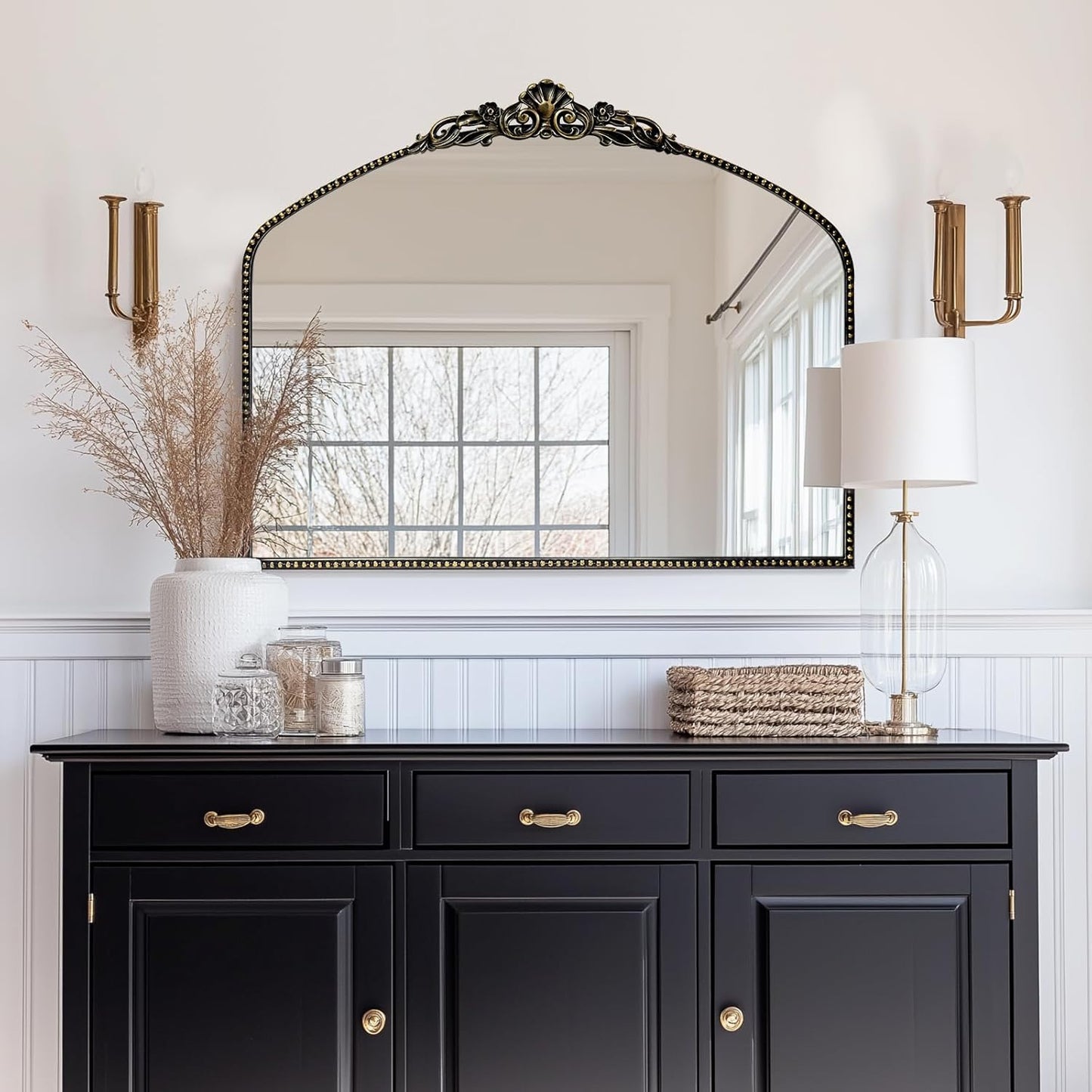 G-LEAF Vintage Baroque Mirror 40"X30",Victorian Antique Farmhouse Mantel Mirror with Black Brush Gold Ornate Metal Frame for Fireplace Entryway Living Room Hallway Bathroom