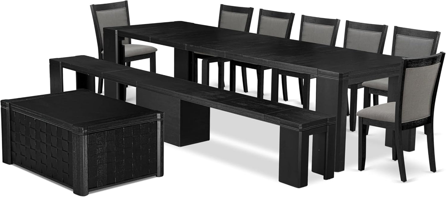 X07MZ-BC6-50 - 10-Pc Dining Table Set a Kitchen Table with a coffee Table and a wooden Bench & 7 Dark Gotham Grey Fabric Dining Chair, 39x120 Inch, Wire Brushed Black