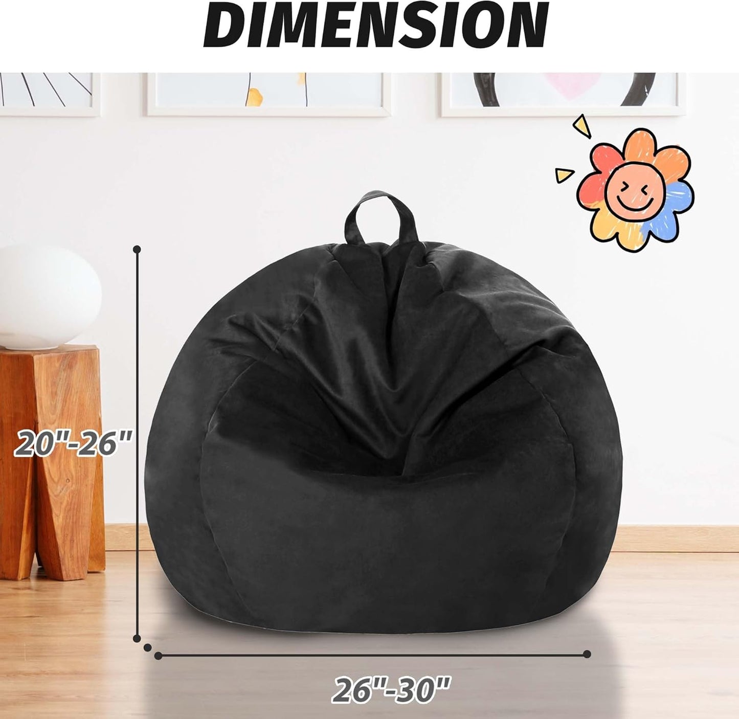 2FT Bean Bag Chair with Ultra Soft Velvet Cover Bean Bag Sofa with Memory Foam Bean Bag Chairs with Large Size Lazy Sofa for Dorm Office Living Room Bedroom Black 2'
