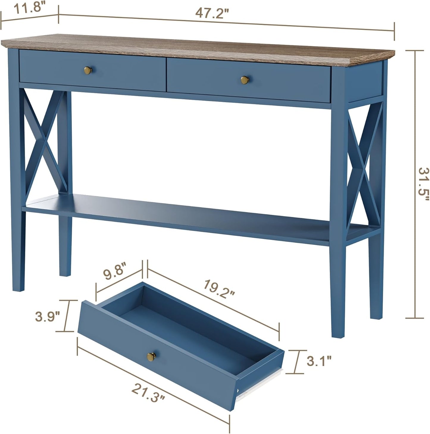 ChooChoo 47.24" Console Table with Drawers, Narrow Wood Accent Sofa Table Entryway Table with Storage Shelf for Entryway, Front Hall, Hallway, Living Room, Blue