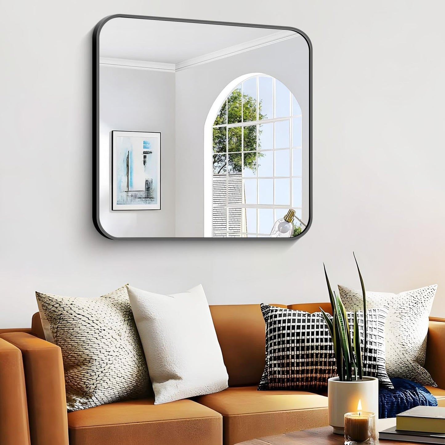 Bathroom Mirror, 40 x 36 inch Black Rectangle Wall Mirror, Metal Frame Rectangular Vanity Mirror, Rounded Corner Wall Mounted Mirror for Modern Bedroom Living Room Hangs Horizontal/Vertical