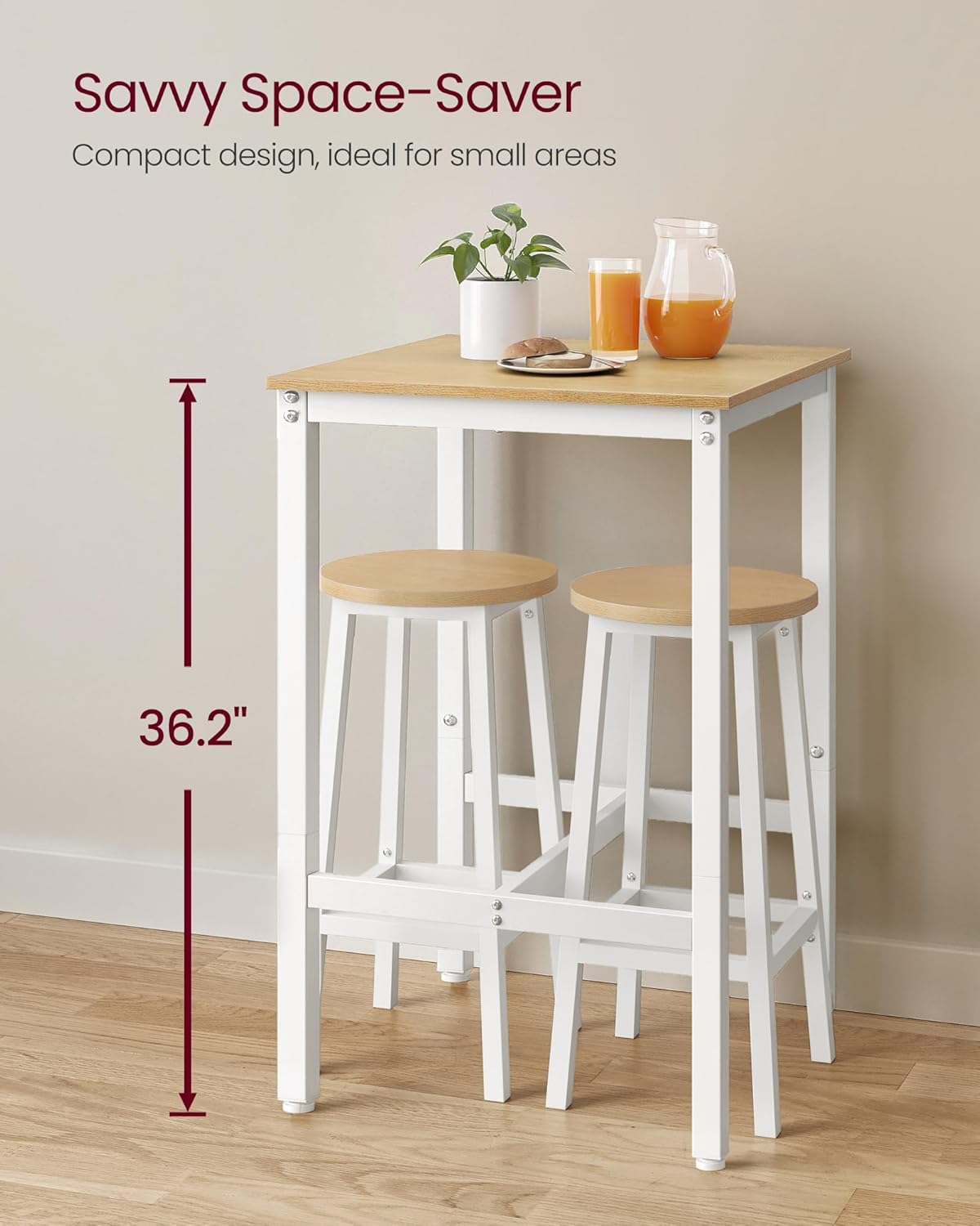 VASAGLE Bar Table, Small Kitchen Dining Table, High Top Pub Table, Height Cocktail Table for Living Room Party, Sturdy Metal Frame, 23.6 x 23.6 x 36.2 Inches for Narrow Spaces, Oak Beige and White