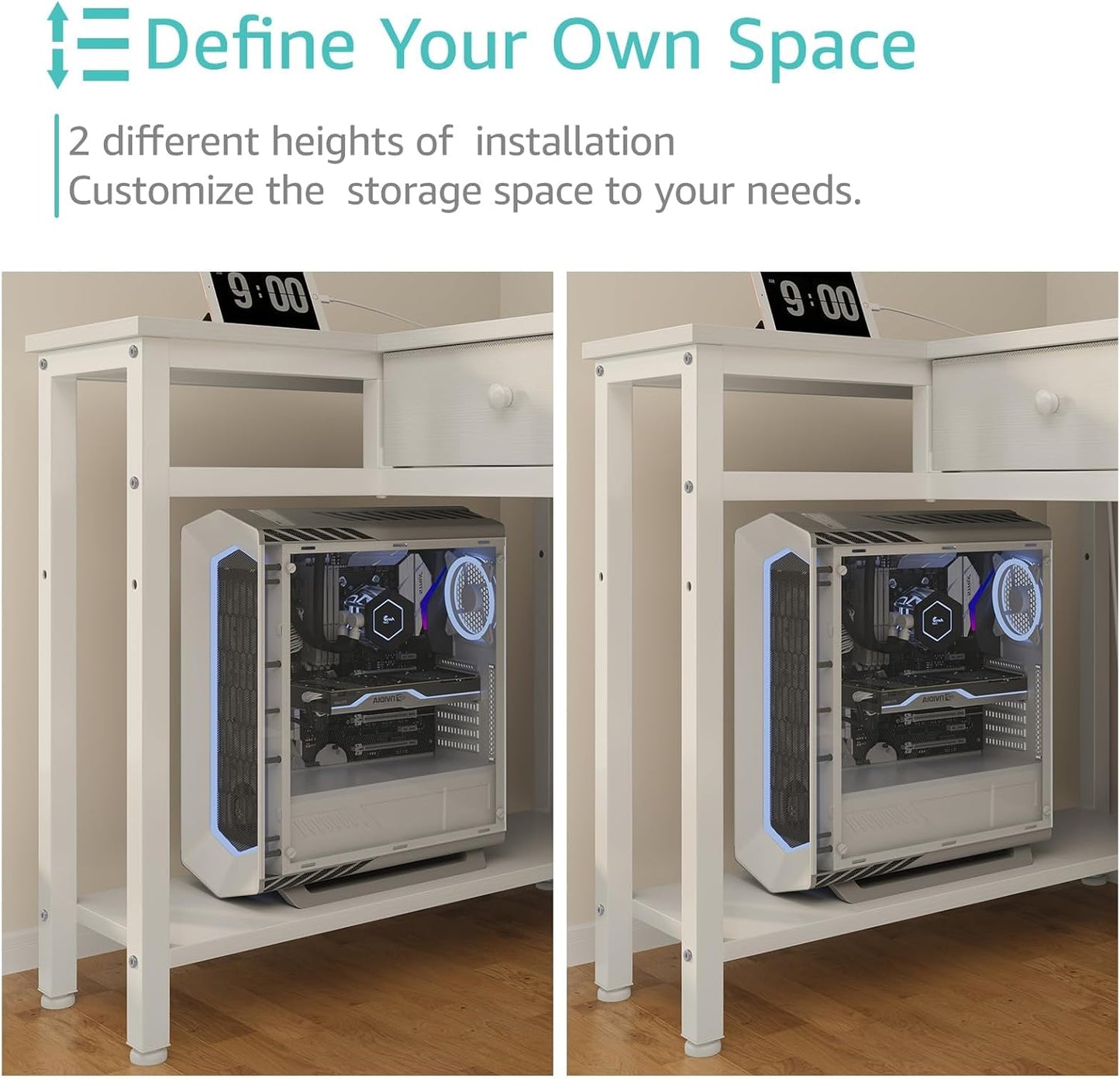 DLisiting Small White L Shaped Desk with Drawers & Storage Shelves, 40 Inch Corner Desk with Power Outlet for Small Space Home Office, Study Work PC Desks for Bedroom