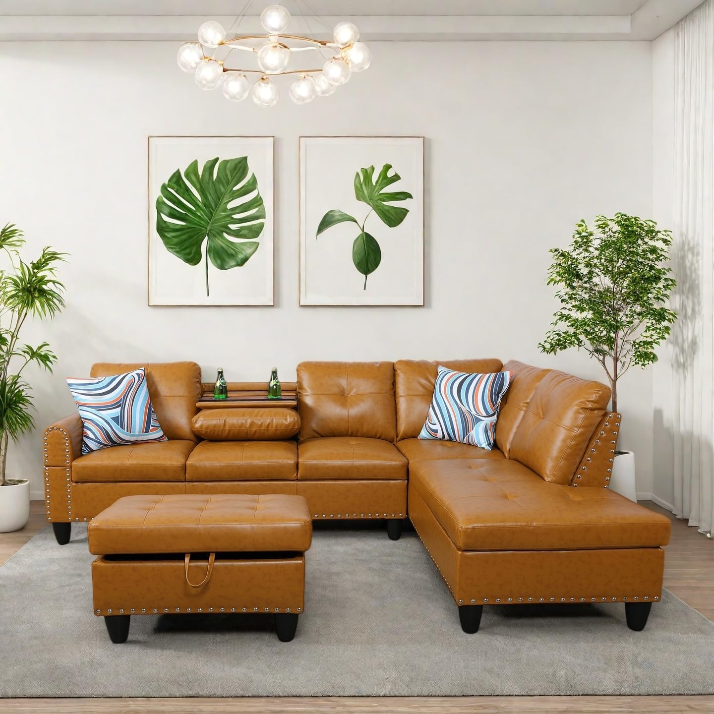 Modern Living Room Furniture Sets with Cup Holder, Modular Sectional Couches with Chaise Lounge, 4-Seaters L Shape Sofa with Storage Ottoman, for Living Room, Faux Leather, Ginger