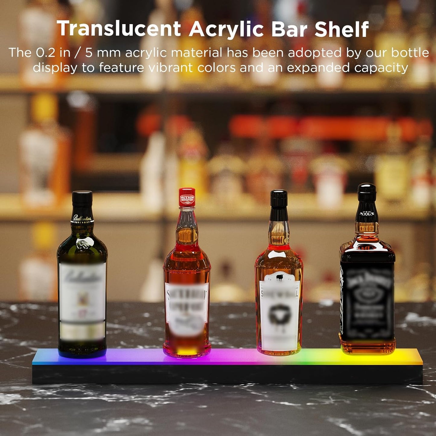 Dethan 1 Tier 24 Inch LED Lighted Liquor Bottle Display Shelf - Wine Racks with Multi-Color App & Wireless Remote Control, Adjustable Brightness & Sound Modes, Acrylic Bar Shelves for Home Bar Display