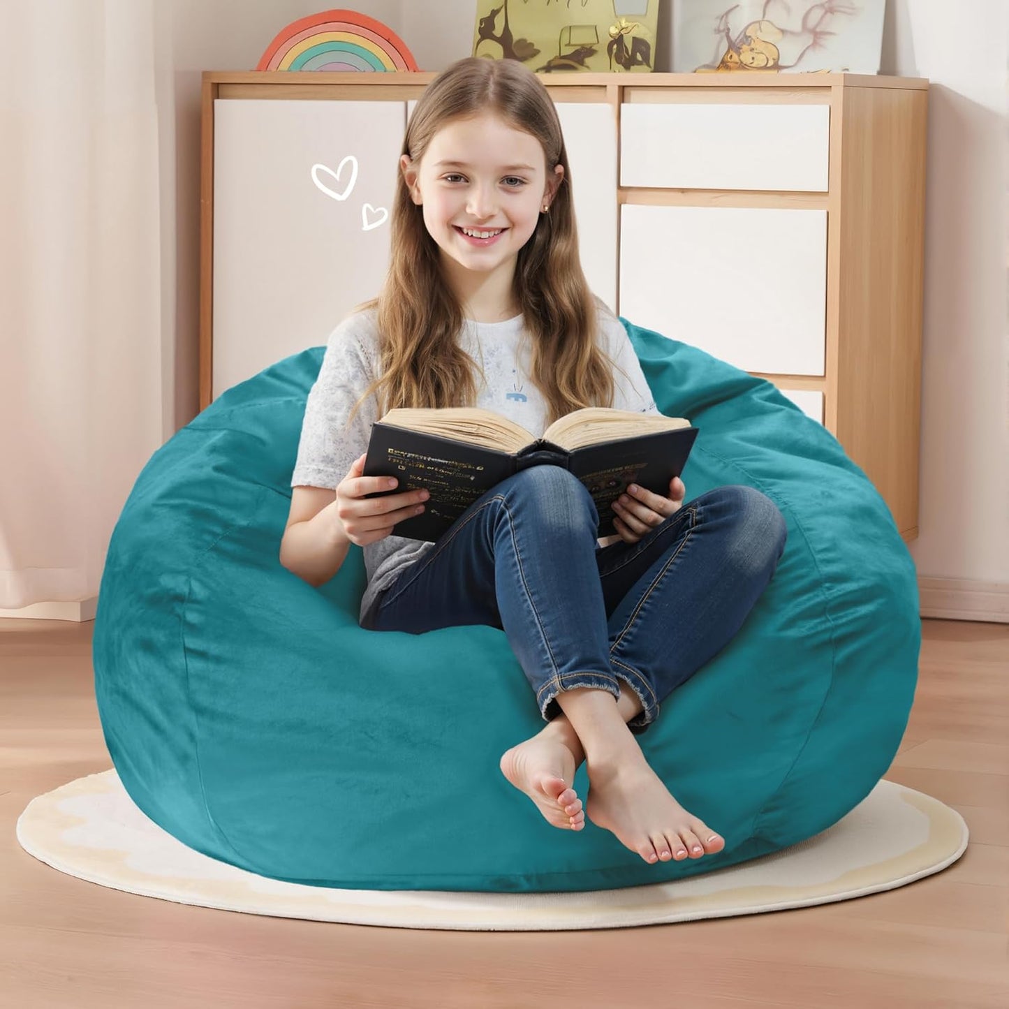 Homguava 2FT Bean Bag Chair: 2' Bean Bags with Memory Foam Filled,Comfy Beanbag Chairs Round Bean Bag Sofa with Dutch Velvet Cover-Sea Blue