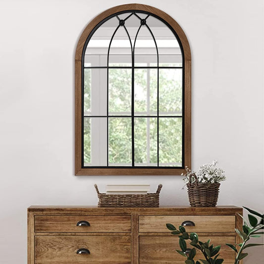 blue page Arched Mirror, Farmhouse Wall Decor, Rustic Wood Framed Accent Mirror Like Window for Bathroom Vanity, Bedroom, Entryway, or Living Room