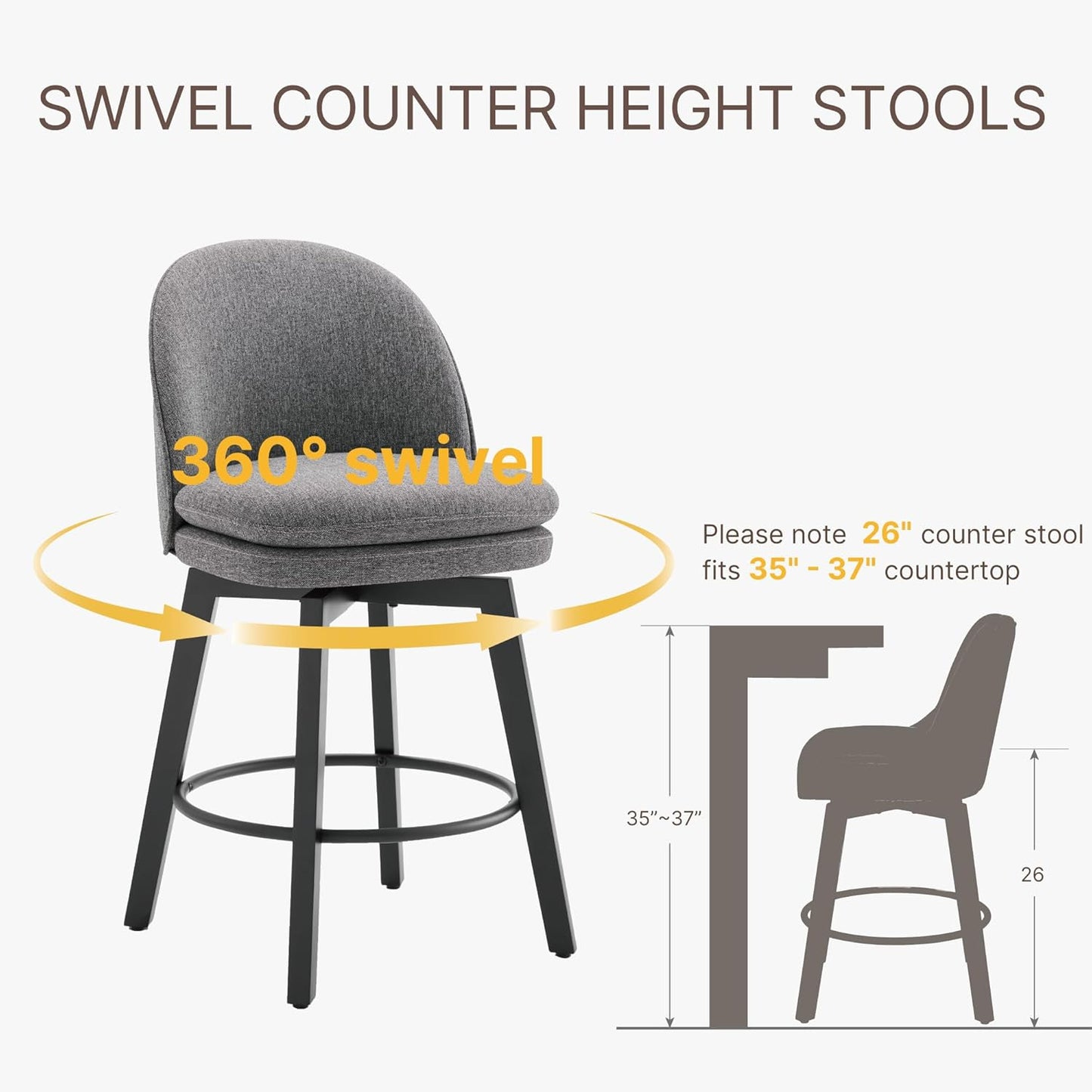 Counter Height Barstools 26 inch Upholstered Swivel Bar Stools with Back and Wood Legs for Kitchen Island,Set of 1,Dark Grey Fabric-Armless
