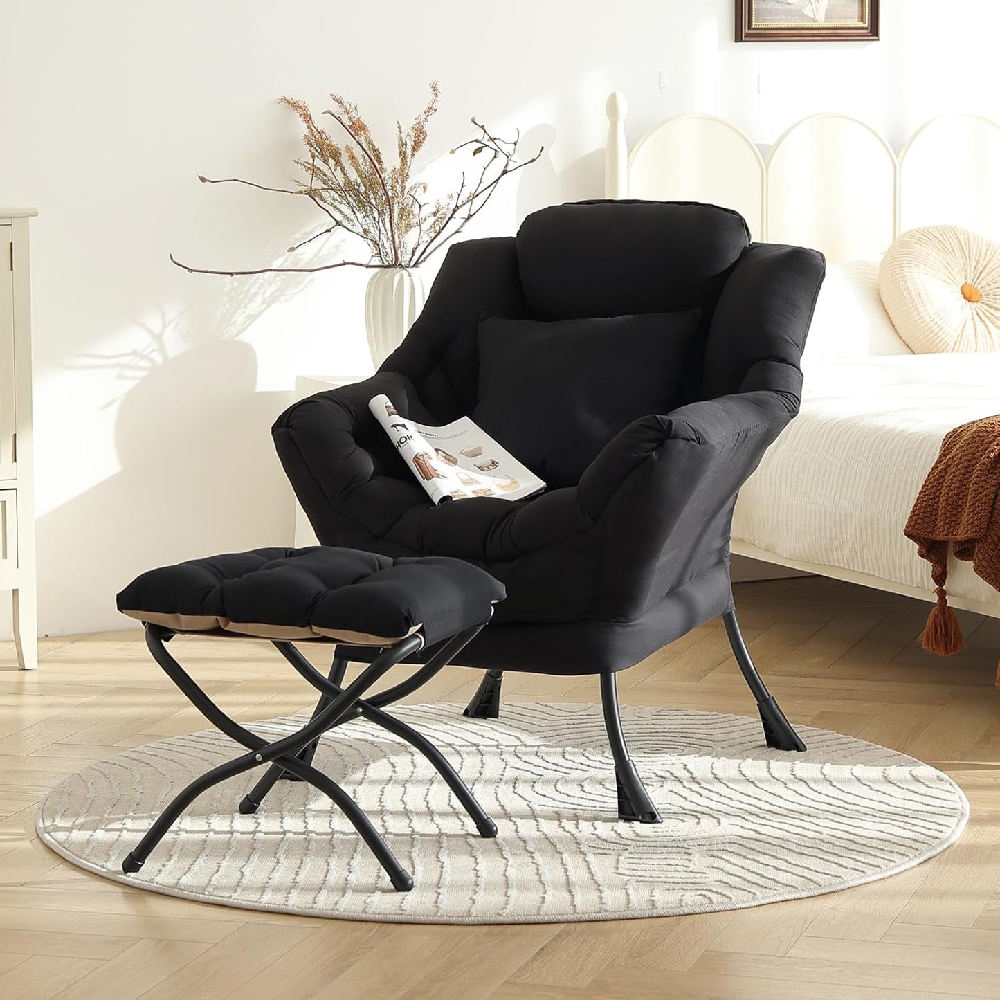 Lazy Chair with Ottoman, Modern Lounge Accent Chair with Armrests and a Throw Pillow, Leisure Sofa Chair Set, Reading Chair with Footrest for Living Room, Bedroom, Dorm Room, Midnight Black