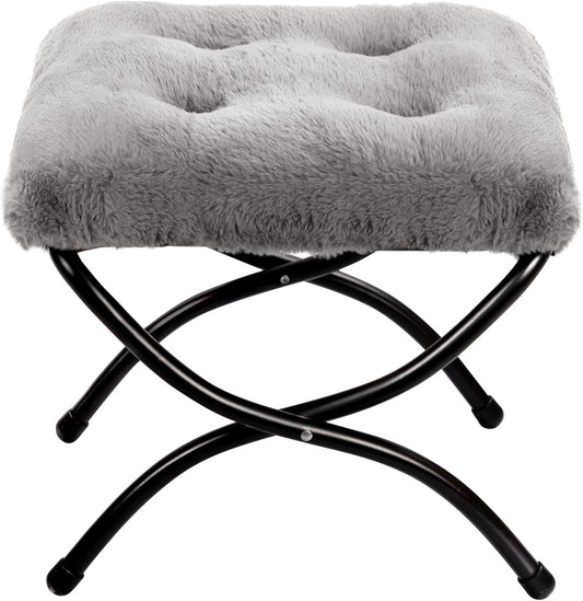 HollyHOME 15"(H) Folding Footrest Stool, Upholstered Small Foldable Ottoman, Accent Padded Sofa Foot Stool for Lazy Chair, Metal Frame Portable Foot Rest Ottoman for Home, Living Room, Bedroom, Grey