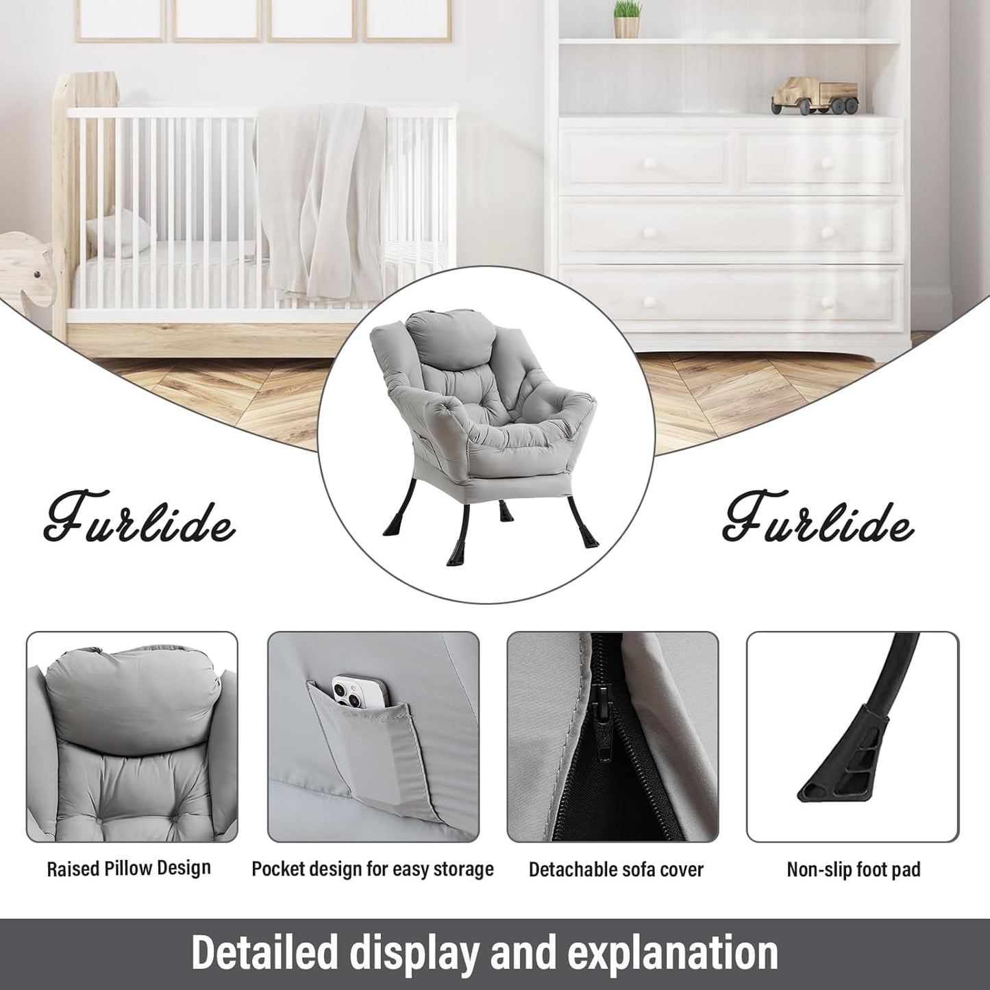 Lazy Chair with Ottoman, Modern Chair with Folding Footrest, Lounge Accent Chair, Comfortable Reading Chair (Light Grey)