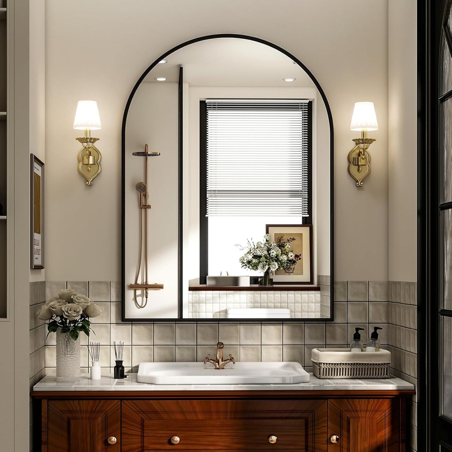 Arch Bathroom Mirror, 20x30 inch Arched Bathroom Mirror/Wall Mounted Vanity Mirror - Arch Metal Frame Wall Mirror for Bathroom Bedroom Living Room, Black