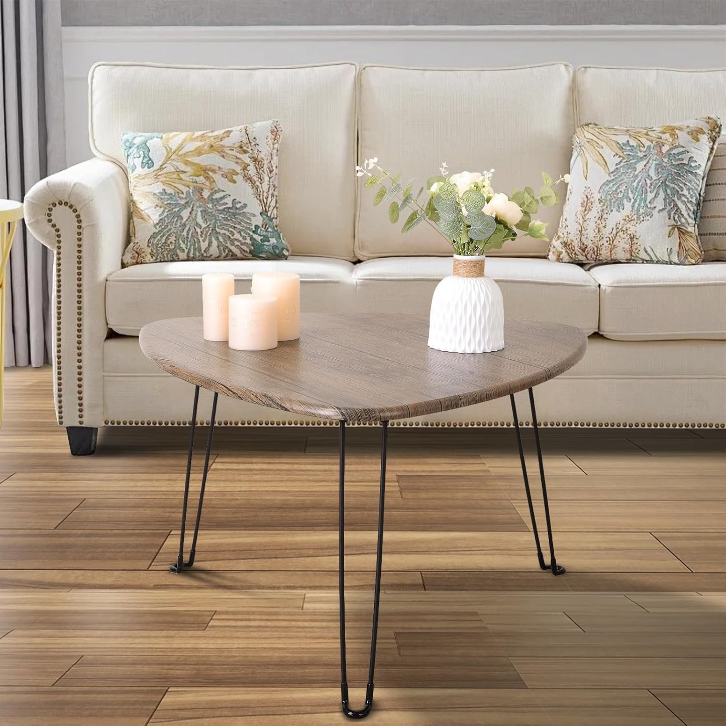 Folding Coffee Table for Living Room Small Wooden Folding Tables with Steel Legs Light Brown Triangle Coffee Table Mid Century Modern Floor Desk Low Table for Small Spaces Home Office