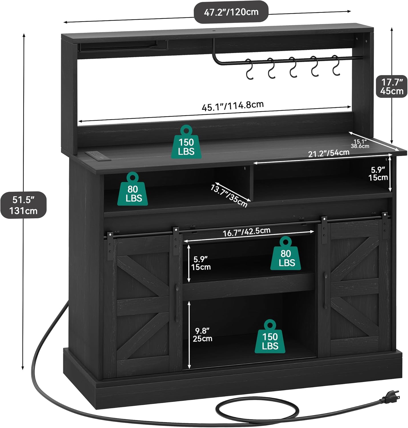 YITAHOME Buffet Cabinets with Upper Rack, Farmhouse Coffee Bar Cabinet with Power Outlet & Goblet Holder, 47 Inch Sideboard Cabinets with Sliding Barn Door for Kitchen, Living Room (Black Oak)