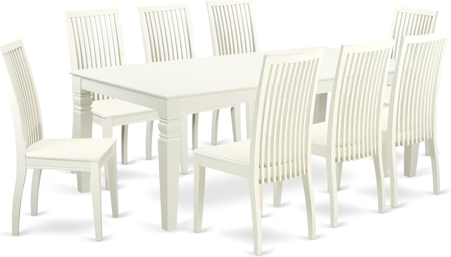 East West Furniture LGIP9-LWH-W 9 Piece Dining Table Set Includes a Rectangle Dining Room Table with Butterfly Leaf and 8 Wooden Seat Chairs, 42x84 Inch, Linen White