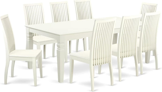 East West Furniture LGIP9-LWH-W 9 Piece Dining Table Set Includes a Rectangle Dining Room Table with Butterfly Leaf and 8 Wooden Seat Chairs, 42x84 Inch, Linen White