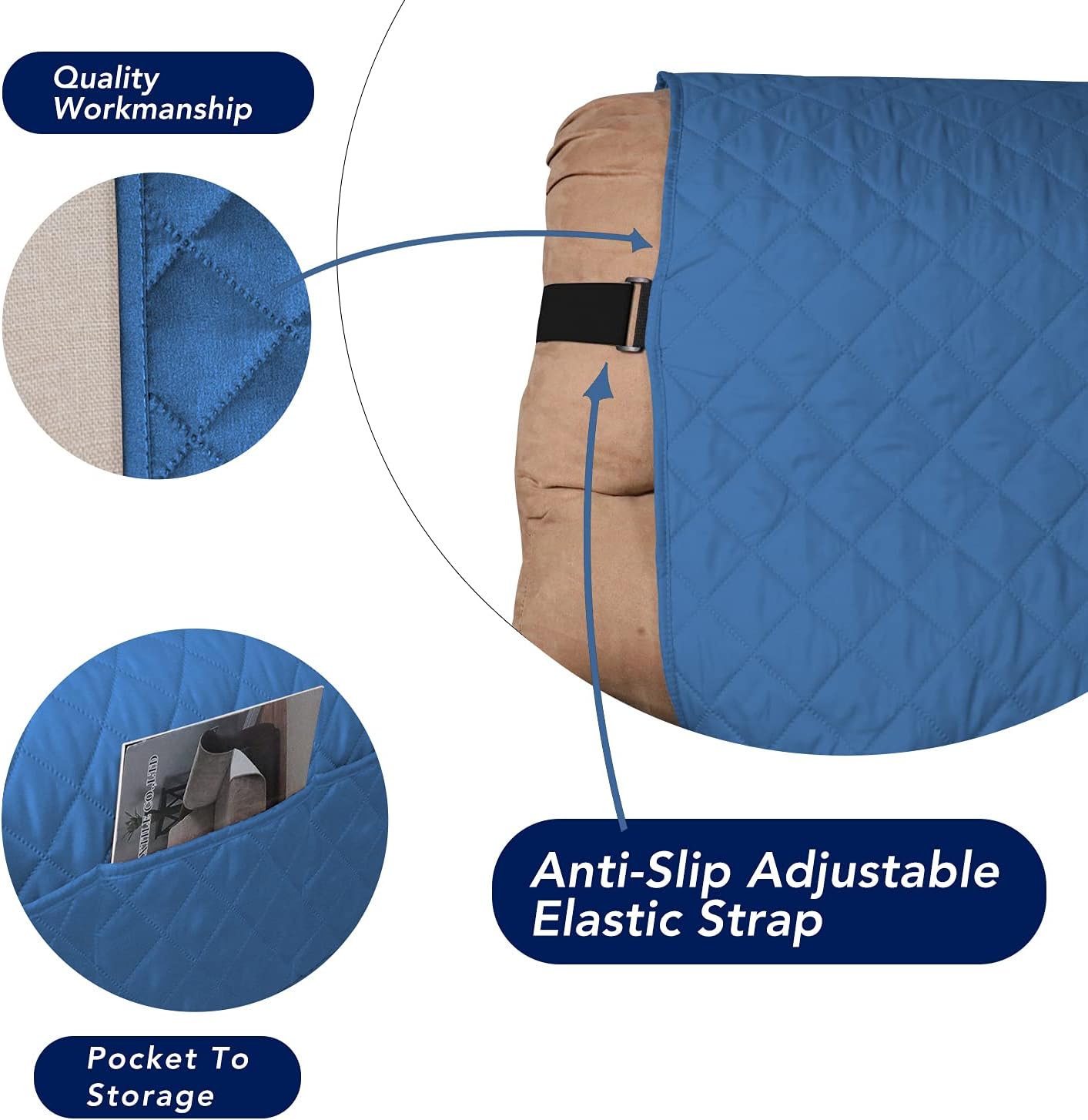 PureFit Reversible Sofa Cover Water Resistant Recliner Couch Cover, Machine Washable Furniture Cover with Adjustable Strap for Dogs, Pets (Recliner, Blue/Ivory)