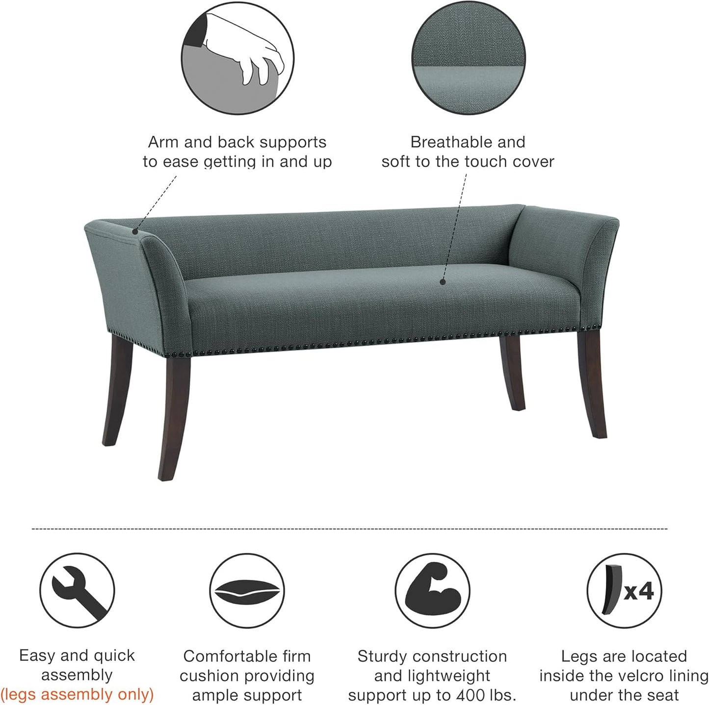 Madison Park Accent Bench, Upholstered with Nailhead Trim, & Padded Seat Entryway Bench Small, End of Bed Bench with Back, 49.5" W x 19.25" D x 23" H, Slate Blue