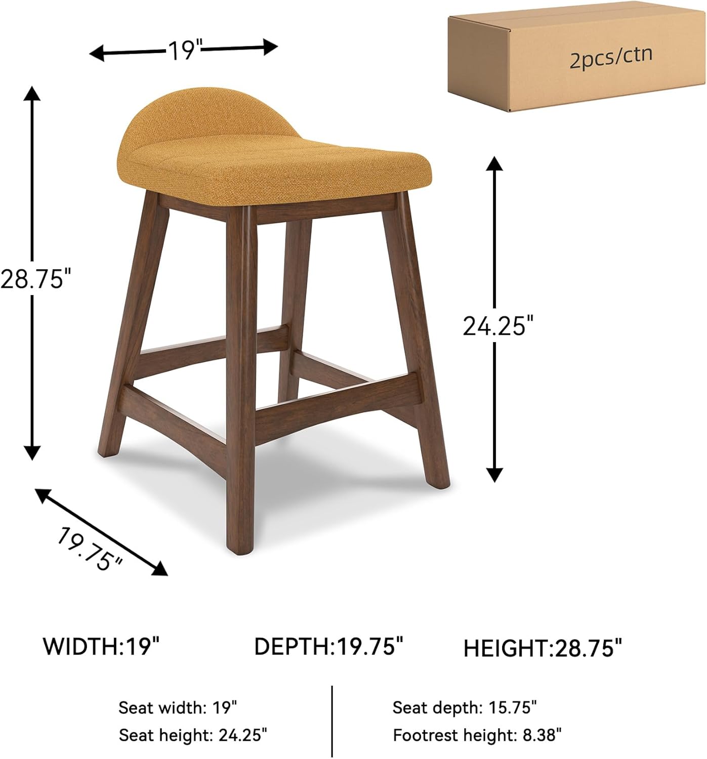 Signature Design by Ashley Lyncott Contemporary 28.5" Counter Height Upholstered Bar Stool with Foam Cushion, 2 Count, Mustard & Brown