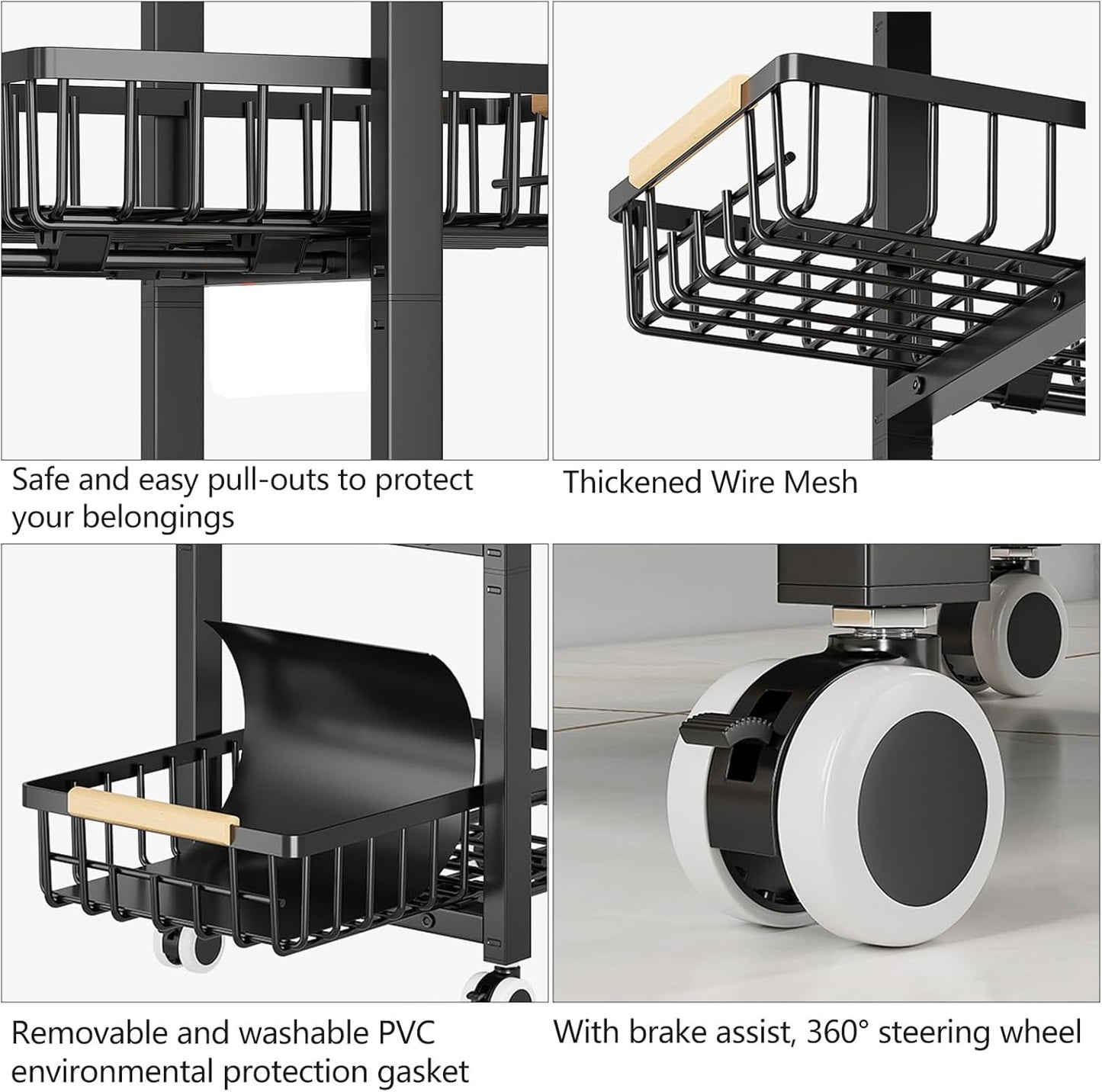Kitchen Storage Cart Slim Rolling Cart On Wheels,5-Tier Skinny Kitchen Island Utility Organizer Storage Cart with Pull-Out Baskets and Wood Top,Mesh Fruit Basket Cart with Handle