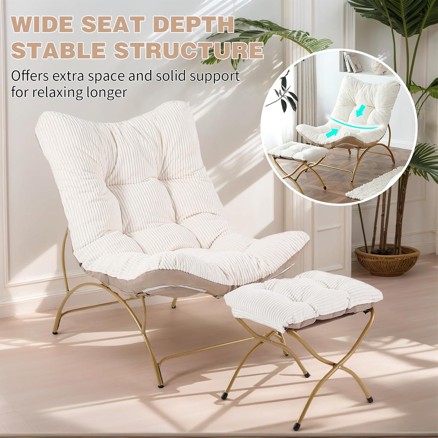 Welnow Accent Chair with Ottoman, Lounge Comfy Soft Leisure Metal Frame Reading Chair with Footrest, Upholstered Thick Cushion Seated Recliner Sofa for Living Room, Bedroom, Dorm, Beige