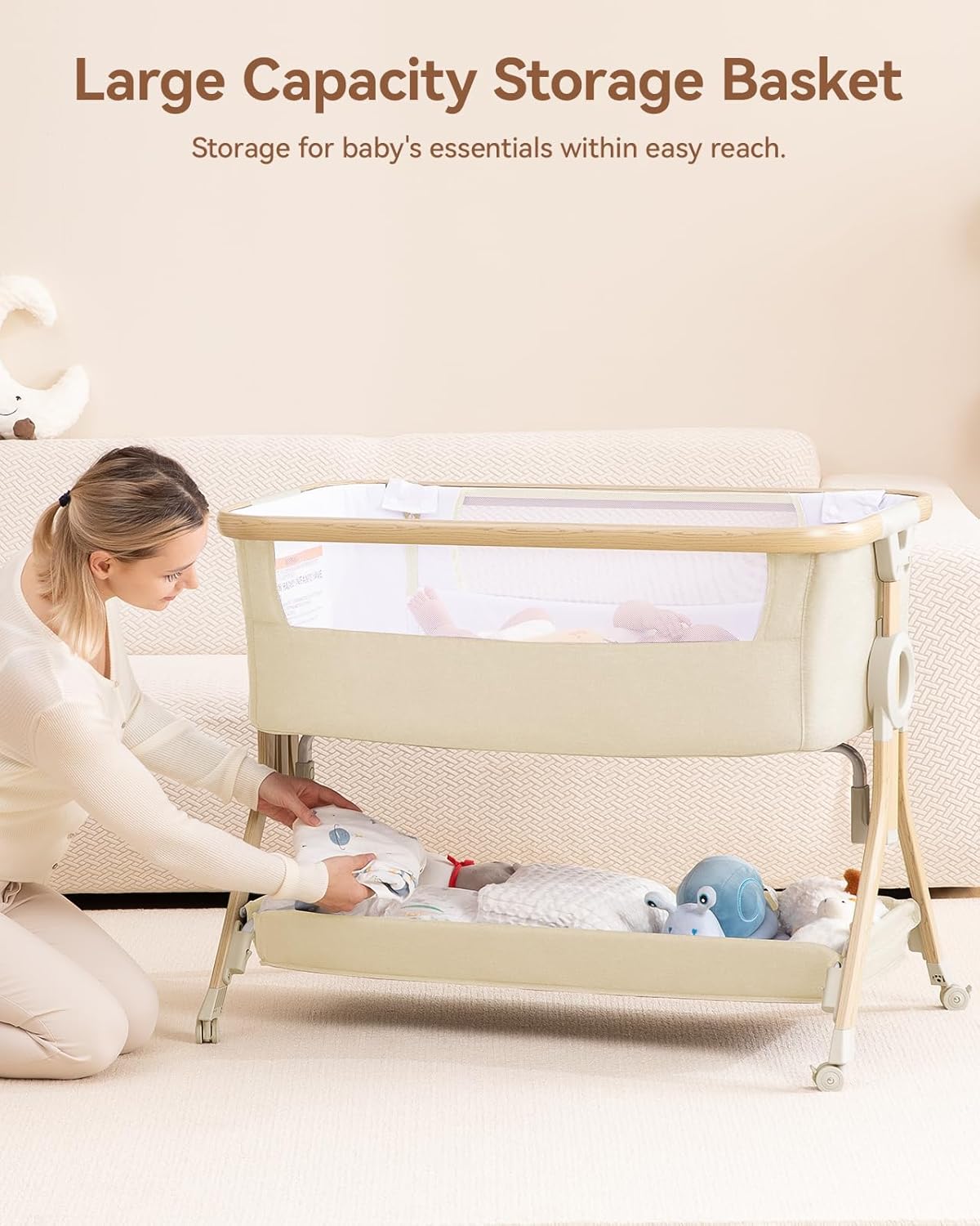 Larex Baby Bassinet, Baby Bassinet Bedside Sleeper with Storage Basket and Wheels, Height Adjustable Portable Crib for Newborn Infant, Easy Assemble and Folding(Khaki)