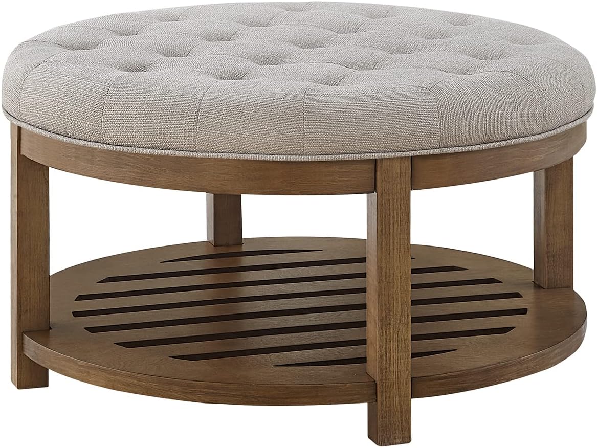 24KF Large Round Upholstered Tufted Linen Ottoman Coffee Table, Large Footrest Ottoman with Wood Shelf Storage-Iinen